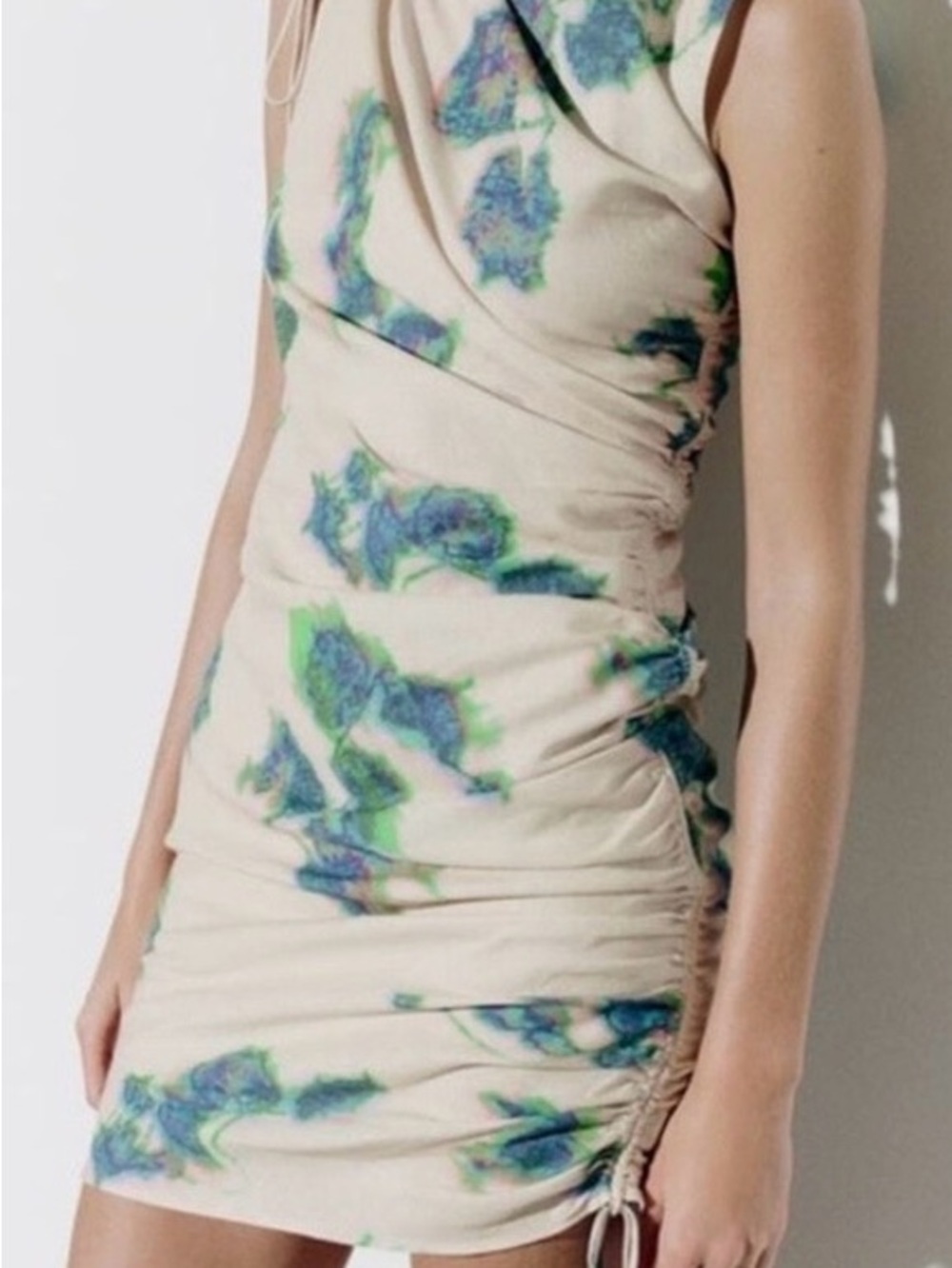 Zara Beige Ruched Mini Dress with Blue-Green Print